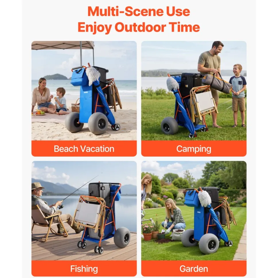 VEVOR Beach Cart with Large Wheels for Sand, 165 lbs Load Capacity, Heavy Duty Folding Beach Wagon with 10" Solid Wheels, Insulated Cooler Bag, Umbrella Holder, Holds 4 Chairs for Camping & Fishing
