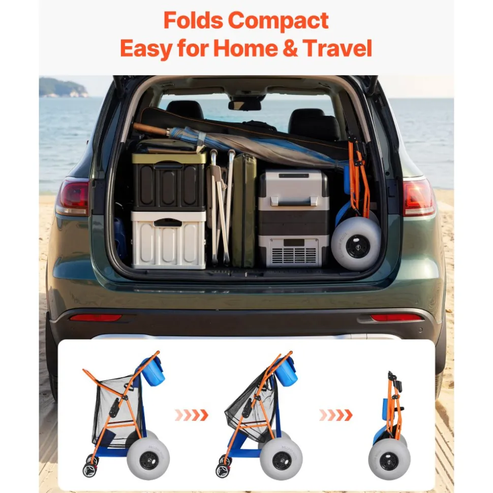 VEVOR Beach Cart with Large Wheels for Sand, 165 lbs Load Capacity, Heavy Duty Folding Beach Wagon with 10" Solid Wheels, Insulated Cooler Bag, Umbrella Holder, Holds 4 Chairs for Camping & Fishing