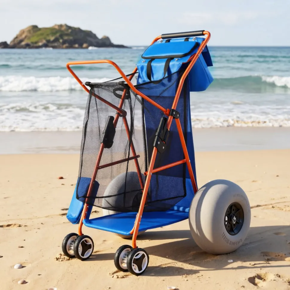 VEVOR Beach Cart with Large Wheels for Sand, 165 lbs Load Capacity, Heavy Duty Folding Beach Wagon with 10" Solid Wheels, Insulated Cooler Bag, Umbrella Holder, Holds 4 Chairs for Camping & Fishing