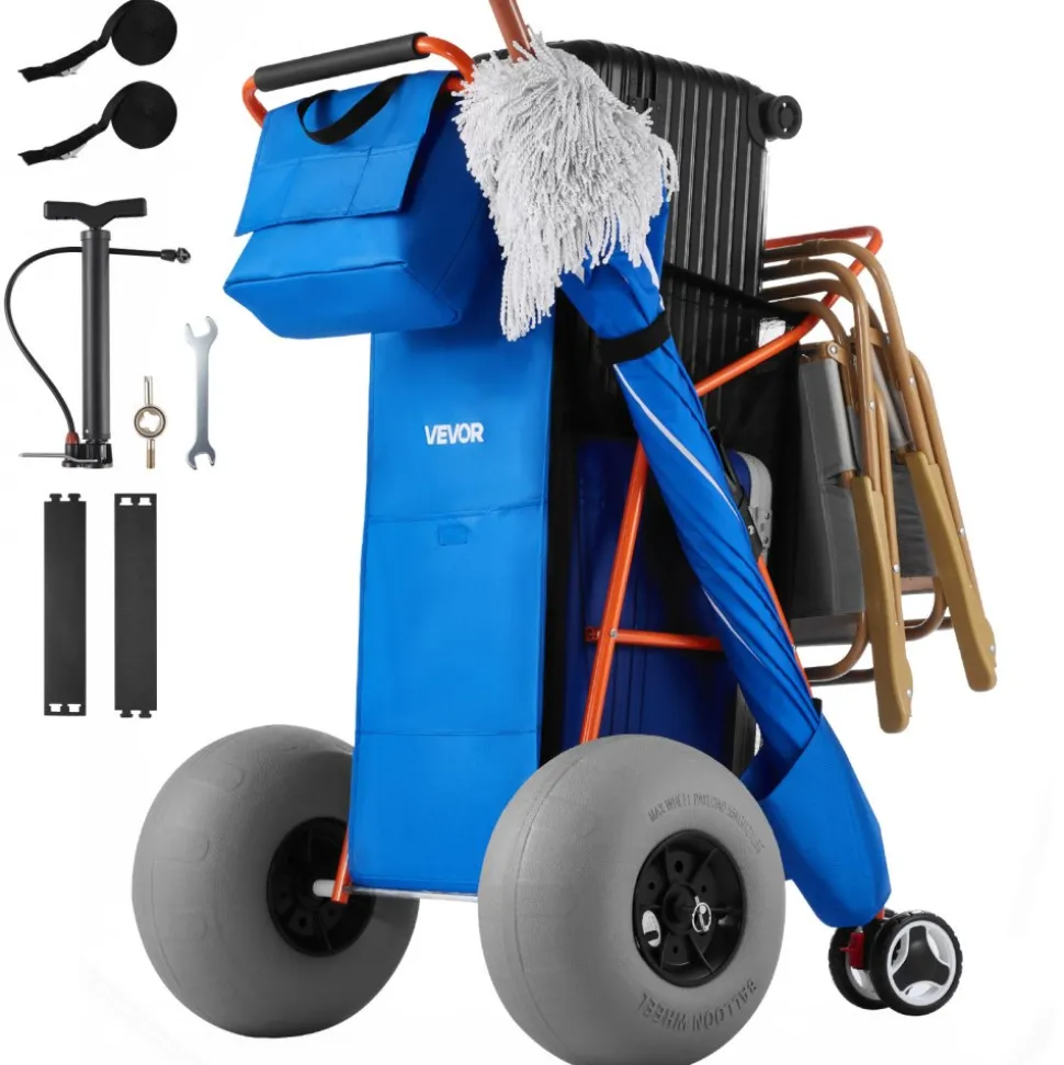 VEVOR Beach Cart with Large Wheels for Sand, 165 lbs Load Capacity, Heavy Duty Folding Beach Wagon with 10" Solid Wheels, Insulated Cooler Bag, Umbrella Holder, Holds 4 Chairs for Camping & Fishing