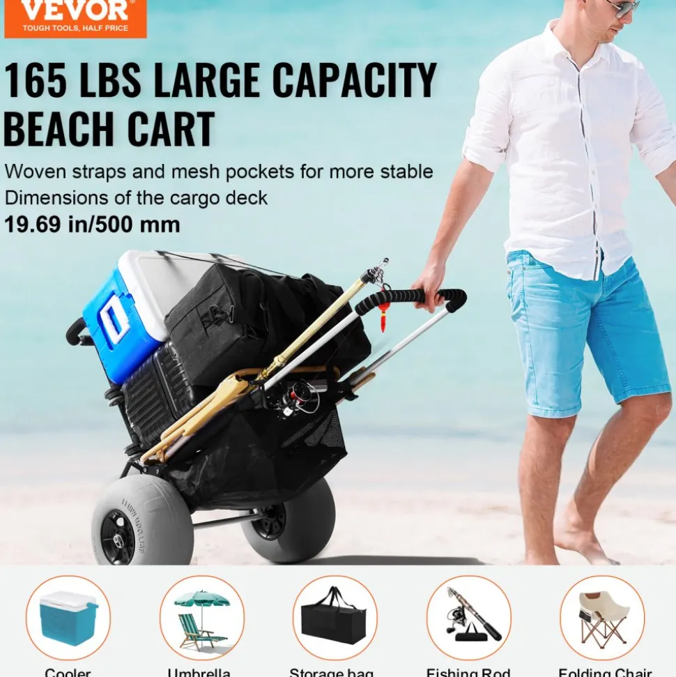 VEVOR Beach Dolly with Big Wheels for Sand, 29.9" x 15.4" Cargo Deck, w/ 12" Balloon Wheels, 165LBS Loading Capacity Folding Sand Cart & 27" to 44.7" Adjustable Height, Heavy Duty Cart for Beach