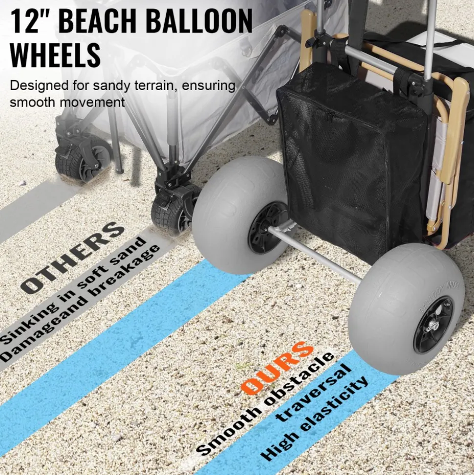 VEVOR Beach Dolly with Big Wheels for Sand, 29.9" x 15.4" Cargo Deck, w/ 12" Balloon Wheels, 165LBS Loading Capacity Folding Sand Cart & 27" to 44.7" Adjustable Height, Heavy Duty Cart for Beach