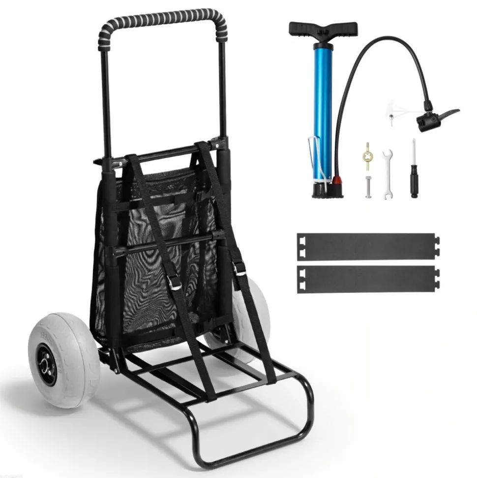 VEVOR Beach Dolly with Big Wheels for Sand, 20.1" x 14.6" Cargo Deck, w/ 9" Balloon Wheels, 165LBS Loading Capacity Folding Sand Cart & 27.2" to 44.9" Adjustable Height, Heavy Duty Cart for Beach