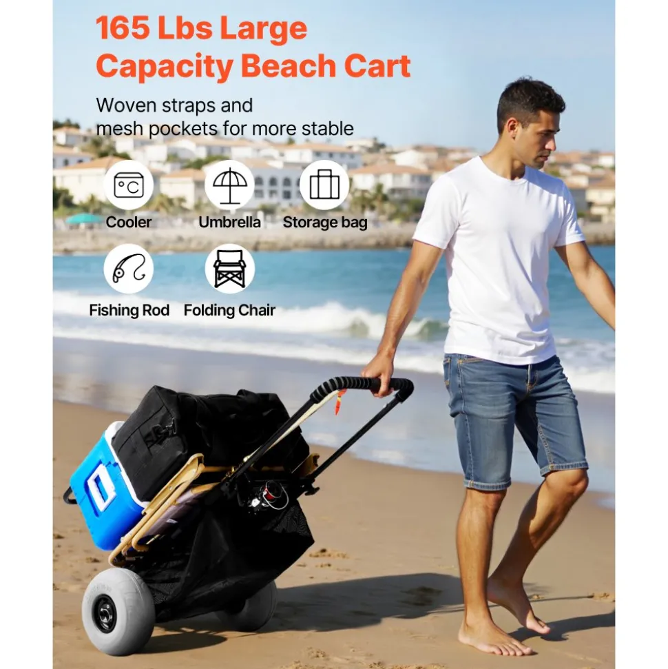 VEVOR Beach Dolly with Big Wheels for Sand, 20.1" x 14.6" Cargo Deck, w/ 9" Balloon Wheels, 165LBS Loading Capacity Folding Sand Cart & 27.2" to 44.9" Adjustable Height, Heavy Duty Cart for Beach