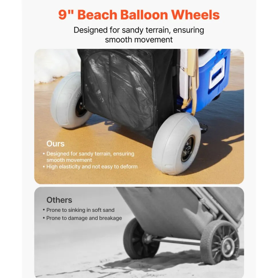 VEVOR Beach Dolly with Big Wheels for Sand, 20.1" x 14.6" Cargo Deck, w/ 9" Balloon Wheels, 165LBS Loading Capacity Folding Sand Cart & 27.2" to 44.9" Adjustable Height, Heavy Duty Cart for Beach