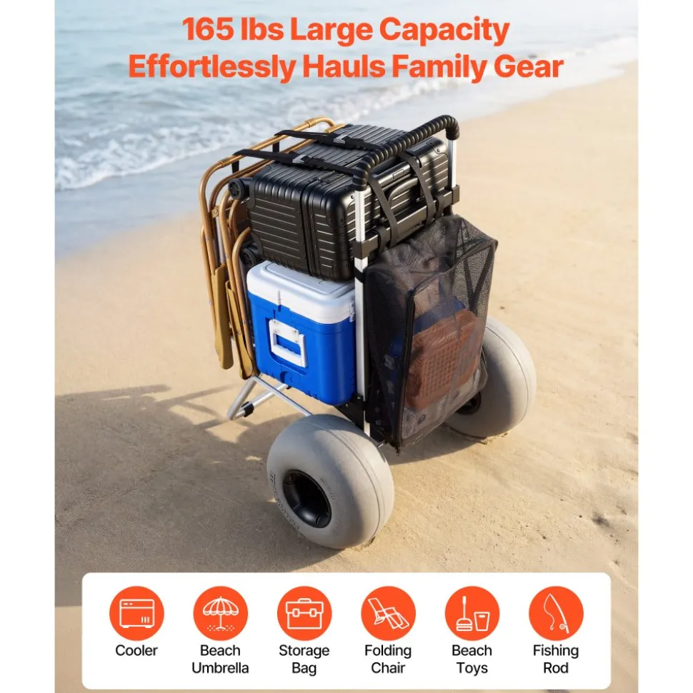 VEVOR Beach Dolly with Big Wheels for Sand, 20" x 15" Cargo Deck, Folding Sand Cart with 12" Balloon Wheels, 165 lbs Loading Capacity & 34" to 46" Adjustable Height, Heavy Duty Cart for Beach Camping