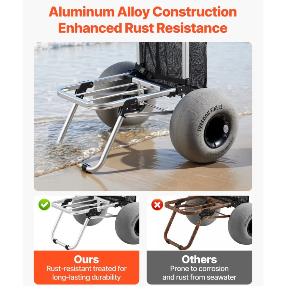 VEVOR Beach Dolly with Big Wheels for Sand, 20" x 15" Cargo Deck, Folding Sand Cart with 12" Balloon Wheels, 165 lbs Loading Capacity & 34" to 46" Adjustable Height, Heavy Duty Cart for Beach Camping