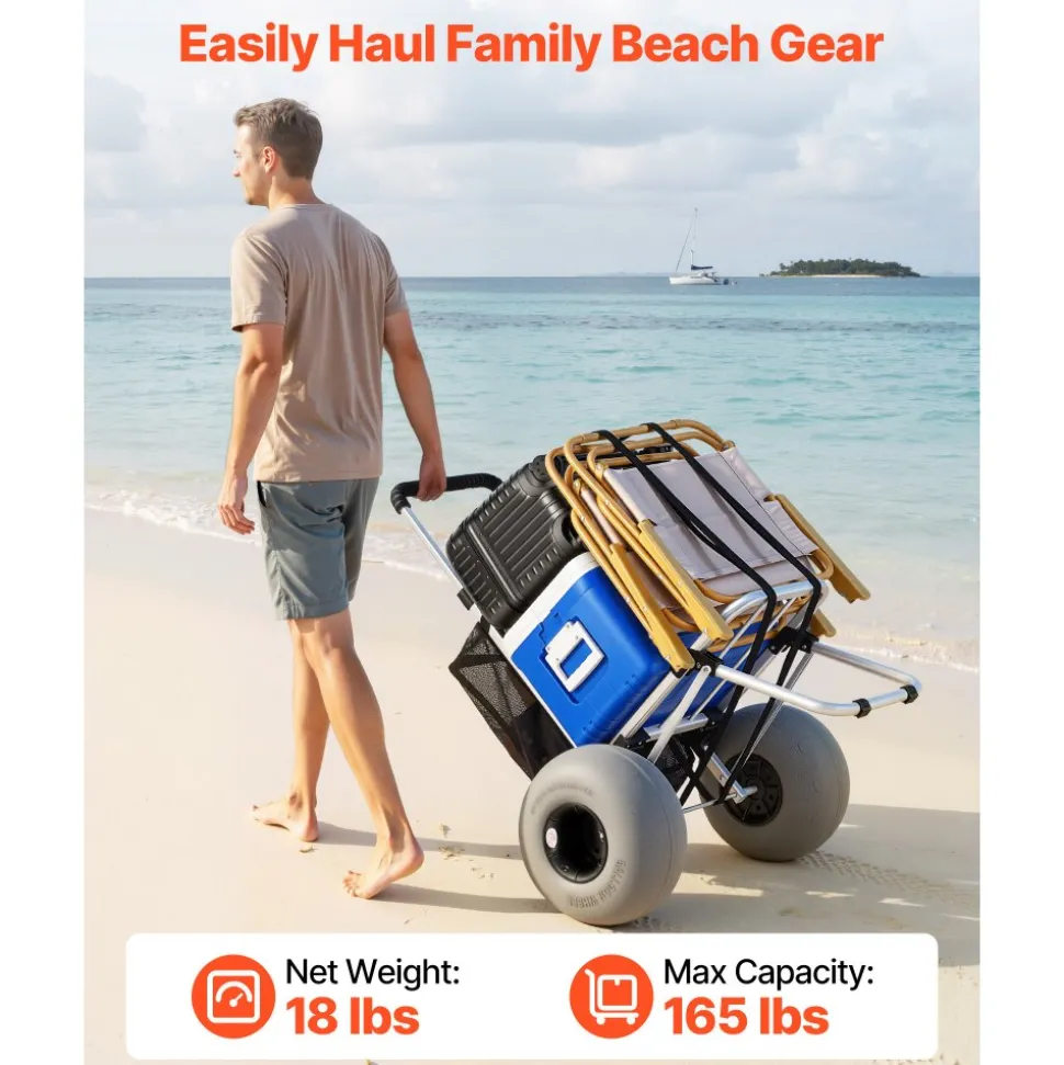 VEVOR Beach Dolly with Big Wheels for Sand, 20" x 15" Cargo Deck, Folding Sand Cart with 12" Balloon Wheels, 165 lbs Loading Capacity & 34" to 46" Adjustable Height, Heavy Duty Cart for Beach Camping