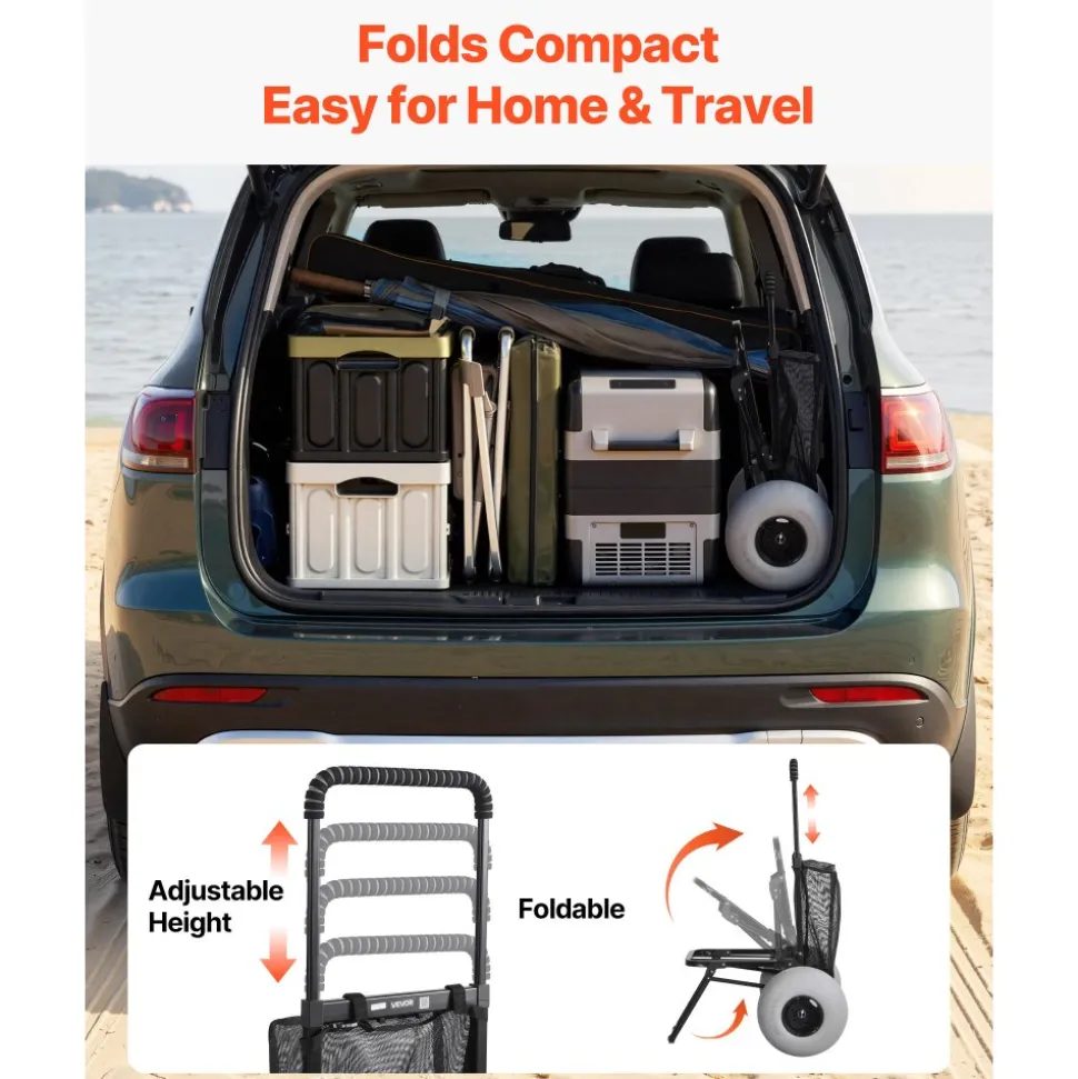 VEVOR Beach Dolly with Big Wheels for Sand, 18" x 15" Cargo Deck, Folding Sand Cart with 12" Balloon Wheels, 165 lbs Loading Capacity & 34" to 45" Adjustable Height, Heavy Duty Cart for Beach Camping