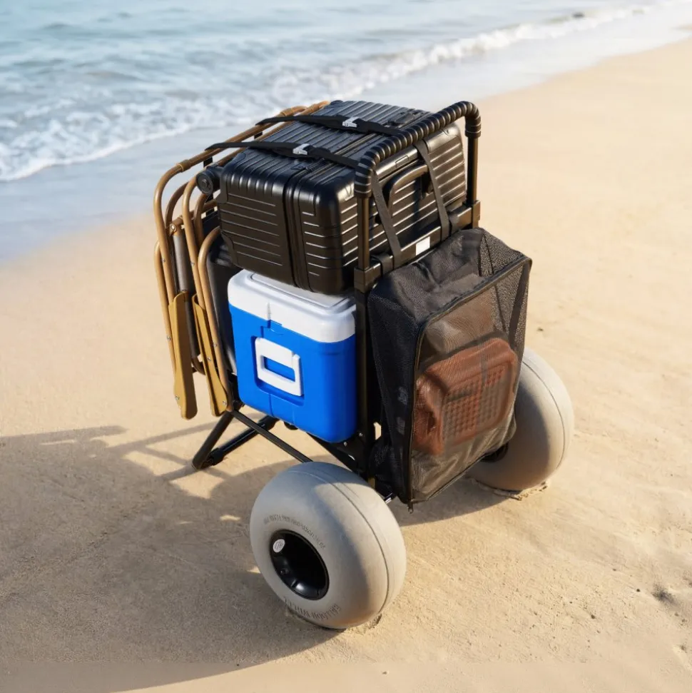 VEVOR Beach Dolly with Big Wheels for Sand, 18" x 15" Cargo Deck, Folding Sand Cart with 12" Balloon Wheels, 165 lbs Loading Capacity & 34" to 45" Adjustable Height, Heavy Duty Cart for Beach Camping
