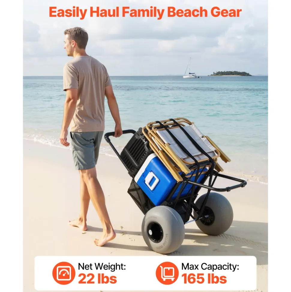 VEVOR Beach Dolly with Big Wheels for Sand, 18" x 15" Cargo Deck, Folding Sand Cart with 12" Balloon Wheels, 165 lbs Loading Capacity & 34" to 45" Adjustable Height, Heavy Duty Cart for Beach Camping