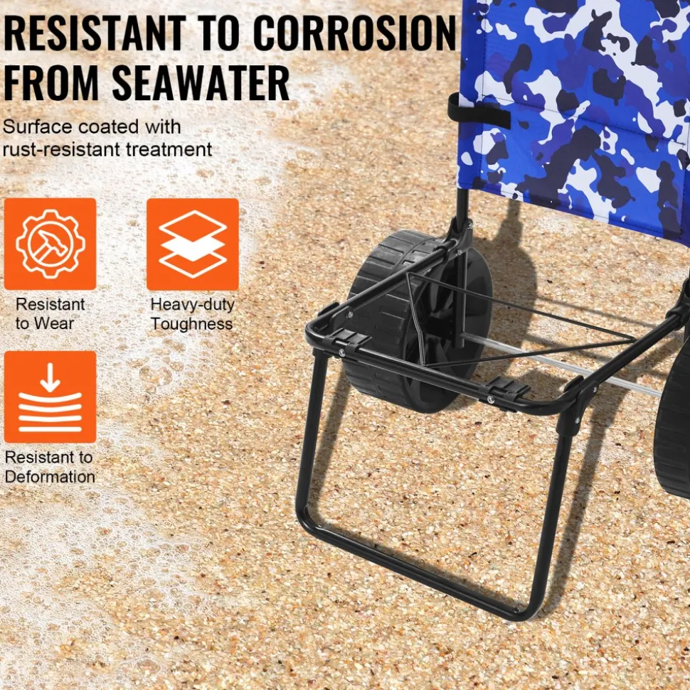 VEVOR Beach Dolly with Big Wheels for Sand, 15.4" x 15.7" Cargo Deck, w/ 10" PE Solid Wheels, 69LBS Loading Capacity Folding Sand Cart, Heavy Duty Cart for Picnic, Camping, Fishing, Beach, Gardening