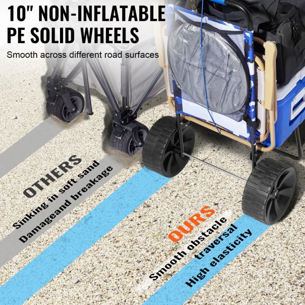 VEVOR Beach Dolly with Big Wheels for Sand, 15.4" x 15.7" Cargo Deck, w/ 10" PE Solid Wheels, 69LBS Loading Capacity Folding Sand Cart, Heavy Duty Cart for Picnic, Camping, Fishing, Beach, Gardening