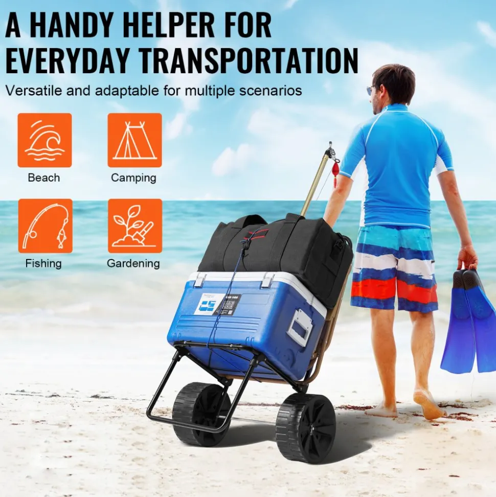 VEVOR Beach Dolly with Big Wheels for Sand, 15.4" x 15.7" Cargo Deck, w/ 10" PE Solid Wheels, 69LBS Loading Capacity Folding Sand Cart, Heavy Duty Cart for Picnic, Camping, Fishing, Beach, Gardening