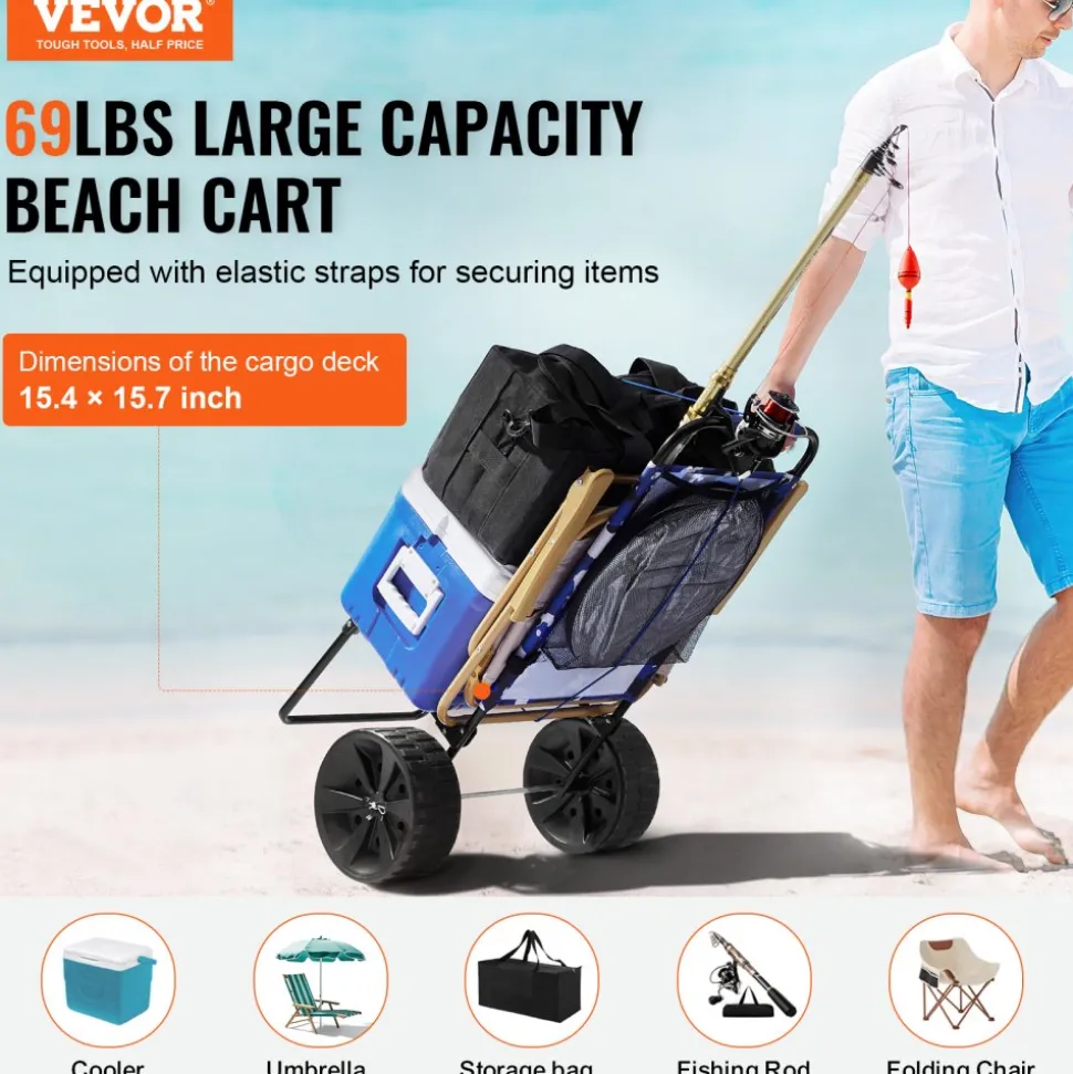 VEVOR Beach Dolly with Big Wheels for Sand, 15.4" x 15.7" Cargo Deck, w/ 10" PE Solid Wheels, 69LBS Loading Capacity Folding Sand Cart, Heavy Duty Cart for Picnic, Camping, Fishing, Beach, Gardening