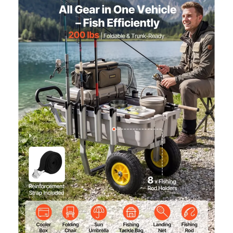 VEVOR Beach Fishing Cart, 200 lbs Load Capacity, Fishing Cart with Poly Bed, Heavy-Duty Aluminum Alloy Frame, 13-Inch All-Terrain Tires, 8 Rod Holders, Strap, Easy to Clean, for Outdoor Camping Picnic
