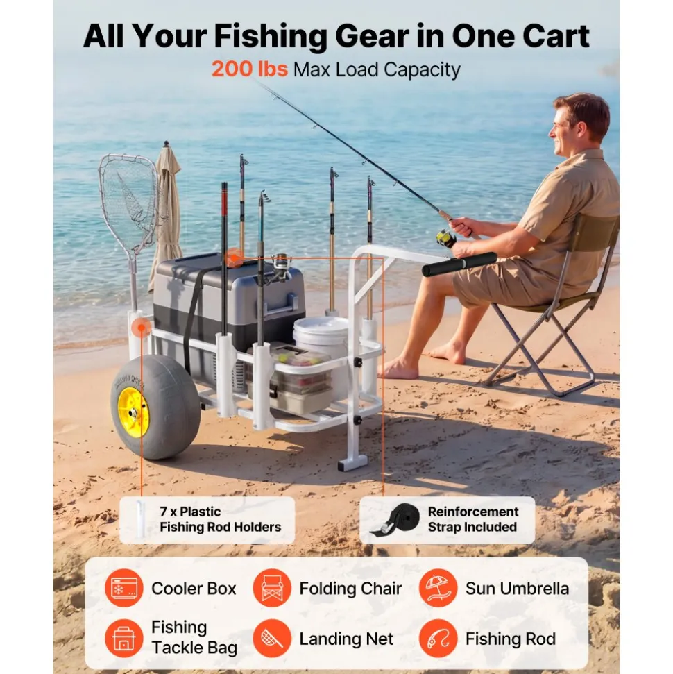 VEVOR Beach Fishing Cart, 200 lbs Load Capacity, Fishing Cart Wagon with Heavy-Duty Carbon Steel Frame, 13-Inch All-Terrain PU Balloon Tires, 7 Rod Holders, for Outdoor Activities Camping Picnic