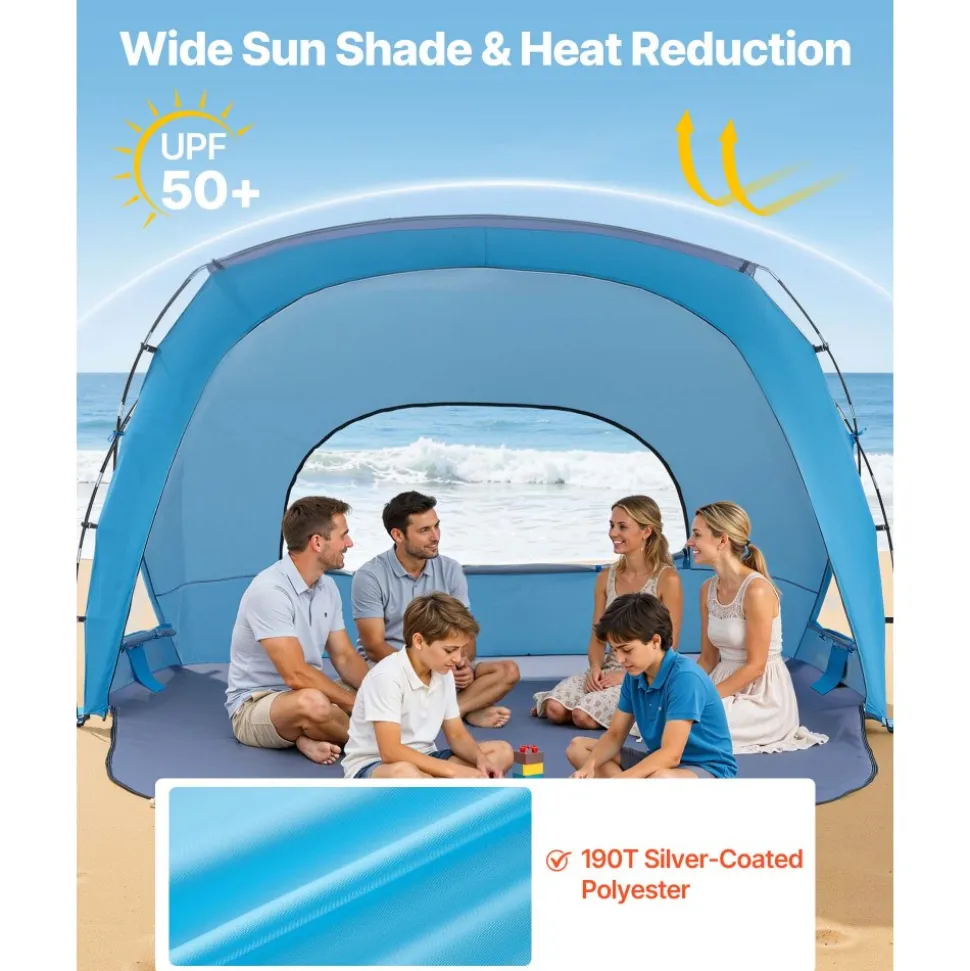 VEVOR Beach Tent Sun Shelter for 6 Person, UPF 50+ Protection, Portable Sun Shade Canopy with Carrying Bag & Sand Pockets, Lightweight and Easy Setup Beach Umbrella for Family Camping Outdoor Picnic