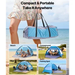 VEVOR Beach Tent Sun Shelter for 4 Person, UPF 50+ Protection, Portable Sun Shade Canopy with Carrying Bag & Sand Pockets, Lightweight and Easy Setup Beach Umbrella for Camping Fishing Outdoor Picnic