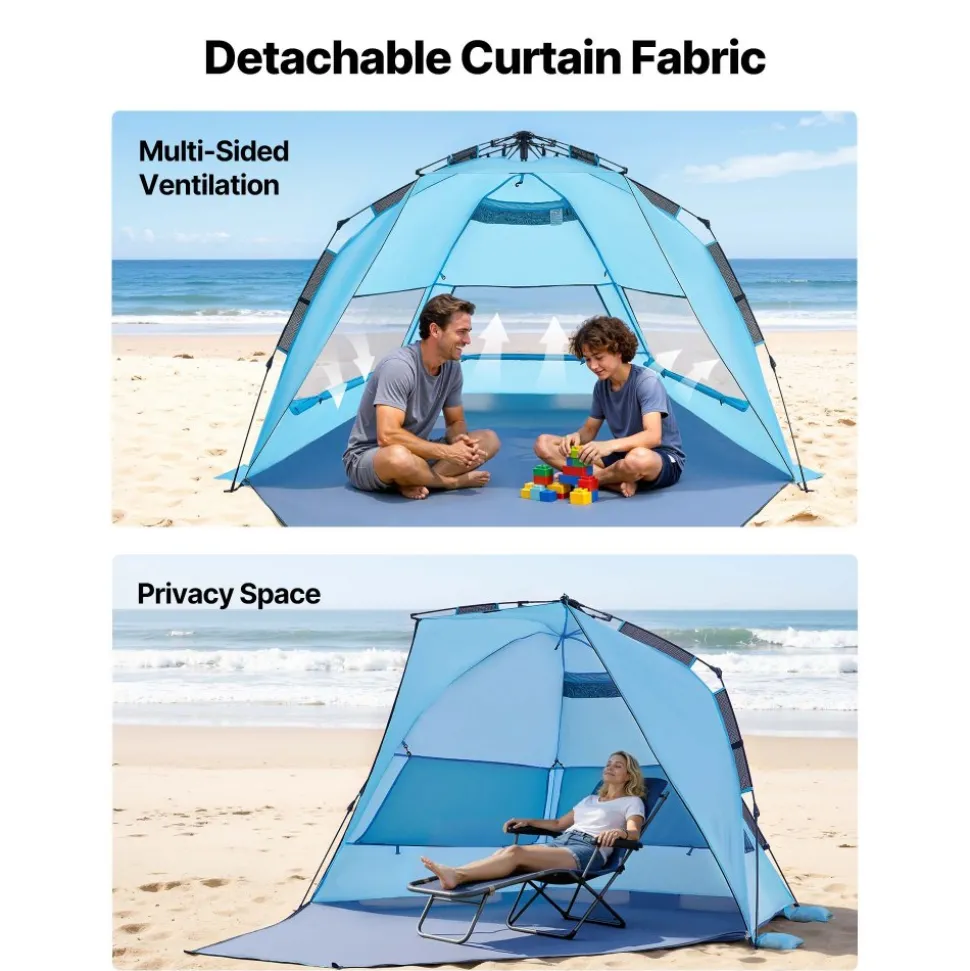 VEVOR Beach Tent Sun Shelter for 4 Person, Pop Up Beach Tent UPF 50+ Protection, Portable Sun Shade Canopy with Carrying Bag and Sand Pockets, Easy Setup Umbrella for Camping Fishing Outdoor Picnic