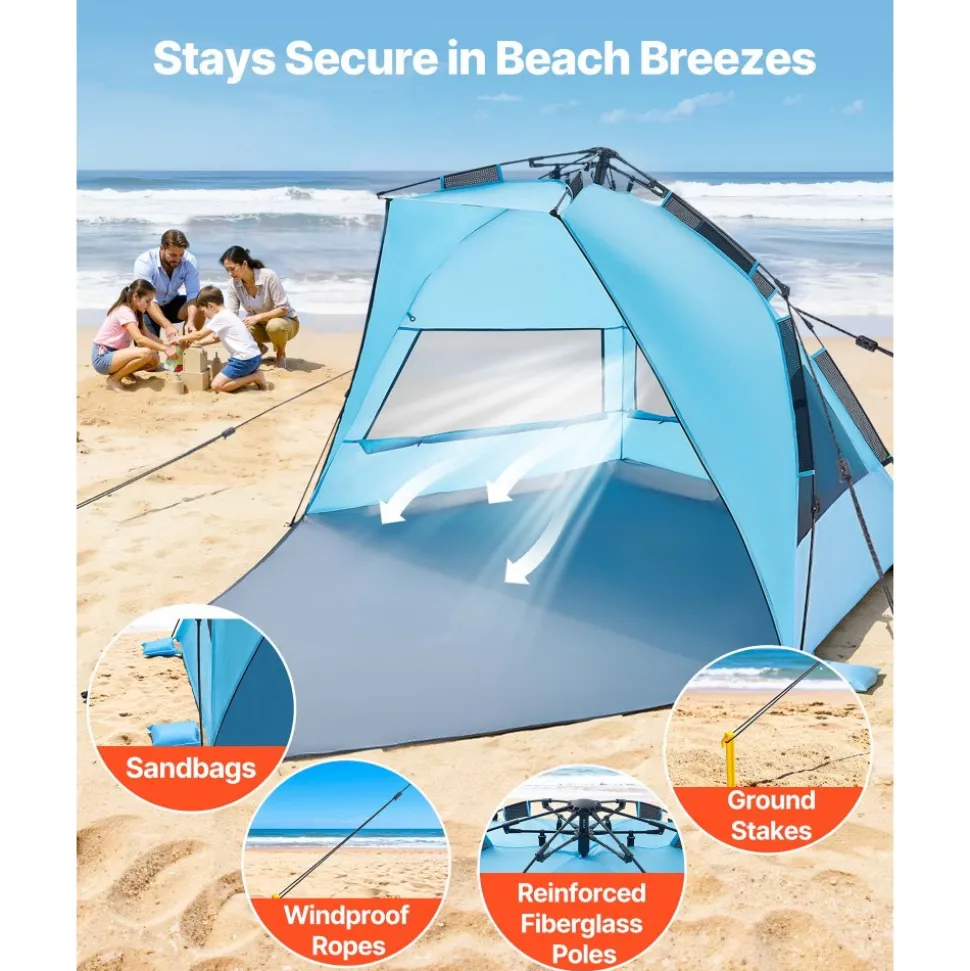 VEVOR Beach Tent Sun Shelter for 4 Person, Pop Up Beach Tent UPF 50+ Protection, Portable Sun Shade Canopy with Carrying Bag and Sand Pockets, Easy Setup Umbrella for Camping Fishing Outdoor Picnic