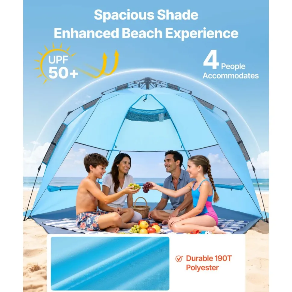 VEVOR Beach Tent Sun Shelter for 4 Person, Pop Up Beach Tent UPF 50+ Protection, Portable Sun Shade Canopy with Carrying Bag and Sand Pockets, Easy Setup Umbrella for Camping Fishing Outdoor Picnic
