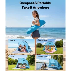 VEVOR Beach Tent Sun Shelter for 4 Person, Pop Up Beach Tent UPF 50+ Protection, Portable Sun Shade Canopy with Carrying Bag and Sand Pockets, Easy Setup Umbrella for Camping Fishing Outdoor Picnic