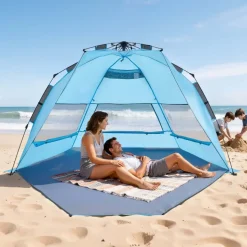 VEVOR Beach Tent Sun Shelter for 4 Person, Pop Up Beach Tent UPF 50+ Protection, Portable Sun Shade Canopy with Carrying Bag and Sand Pockets, Easy Setup Umbrella for Camping Fishing Outdoor Picnic