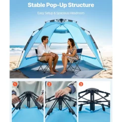 VEVOR Beach Tent Sun Shelter for 4 Person, Pop Up Beach Tent UPF 50+ Protection, Portable Sun Shade Canopy with Carrying Bag and Sand Pockets, Easy Setup Umbrella for Camping Fishing Outdoor Picnic
