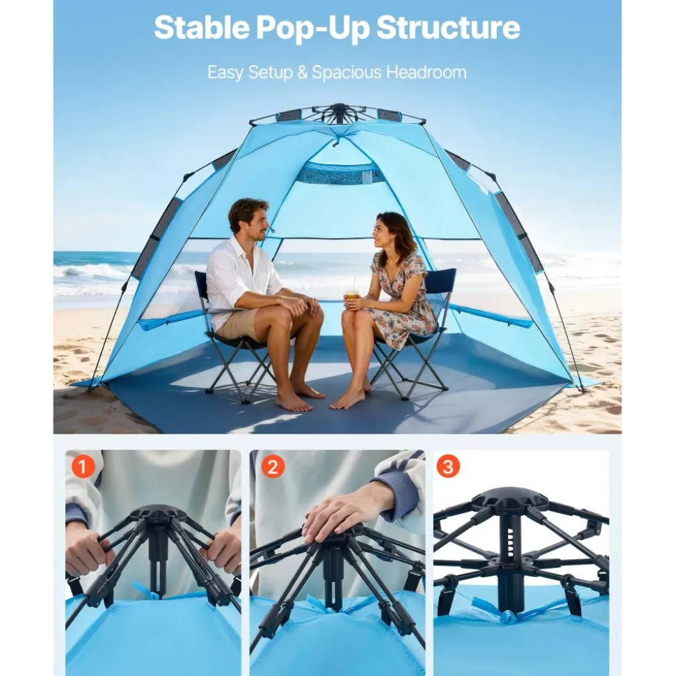 VEVOR Beach Tent Sun Shelter for 4 Person, Pop Up Beach Tent UPF 50+ Protection, Portable Sun Shade Canopy with Carrying Bag and Sand Pockets, Easy Setup Umbrella for Camping Fishing Outdoor Picnic