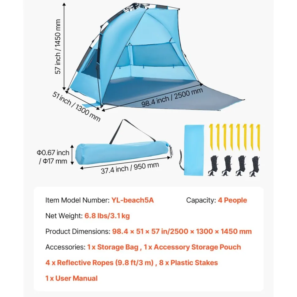 VEVOR Beach Tent Sun Shelter for 4 Person, Pop Up Beach Tent UPF 50+ Protection, Portable Sun Shade Canopy with Carrying Bag and Sand Pockets, Easy Setup Umbrella for Camping Fishing Outdoor Picnic