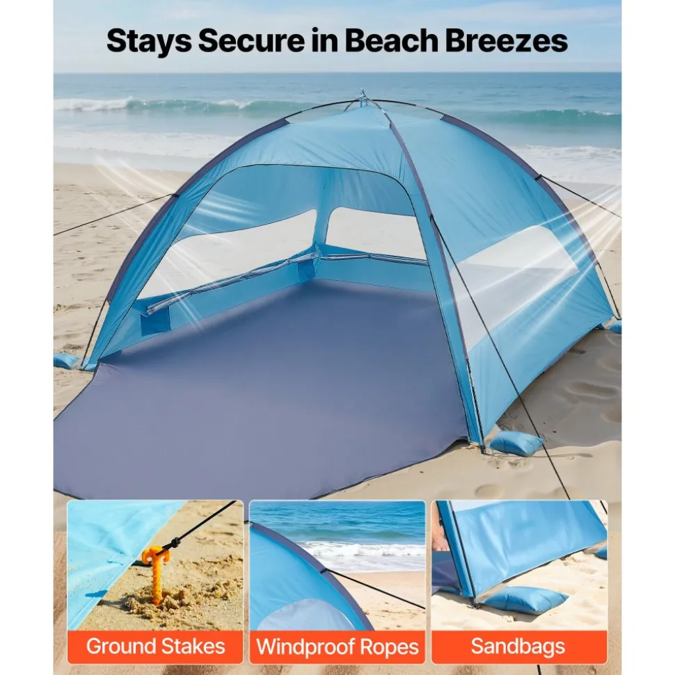 VEVOR Beach Tent Sun Shelter for 6 Person, UPF 50+ Protection, Portable Sun Shade Canopy with Carrying Bag & Sand Pockets, Lightweight and Easy Setup Beach Umbrella for Camping Fishing Outdoor Picnic