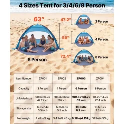 VEVOR Beach Tent Sun Shelter for 6 Person, UPF 50+ Protection, Portable Sun Shade Canopy with Carrying Bag & Sand Pockets, Lightweight and Easy Setup Beach Umbrella for Camping Fishing Outdoor Picnic