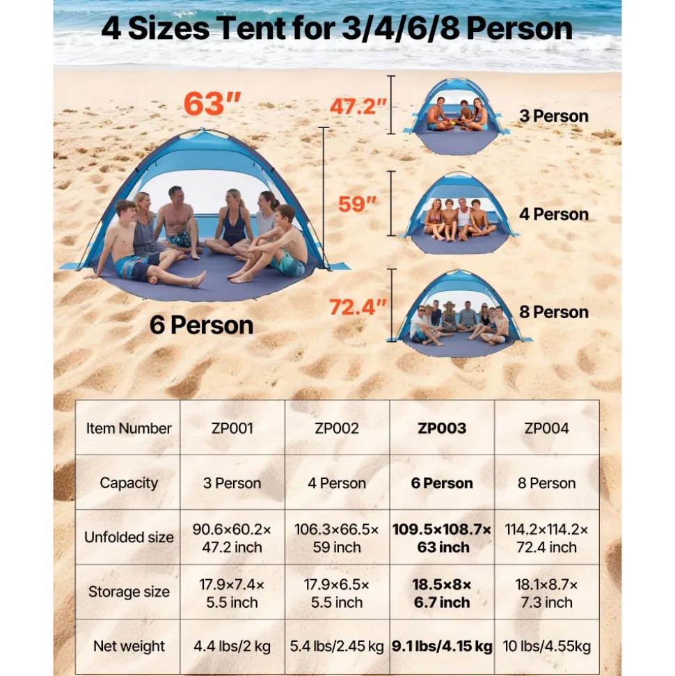 VEVOR Beach Tent Sun Shelter for 6 Person, UPF 50+ Protection, Portable Sun Shade Canopy with Carrying Bag & Sand Pockets, Lightweight and Easy Setup Beach Umbrella for Camping Fishing Outdoor Picnic