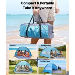 VEVOR Beach Tent Sun Shelter for 6 Person, UPF 50+ Protection, Portable Sun Shade Canopy with Carrying Bag & Sand Pockets, Lightweight and Easy Setup Beach Umbrella for Camping Fishing Outdoor Picnic