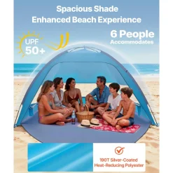 VEVOR Beach Tent Sun Shelter for 6 Person, UPF 50+ Protection, Portable Sun Shade Canopy with Carrying Bag & Sand Pockets, Lightweight and Easy Setup Beach Umbrella for Camping Fishing Outdoor Picnic