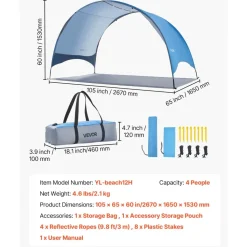 VEVOR Beach Tent Sun Shelter for 4 Person, UPF 50+ Protection, Portable Sun Shade Canopy with Carrying Bag & Ground Stakes, Lightweight and Easy Setup Beach Umbrella for Camping Fishing Outdoor Picnic