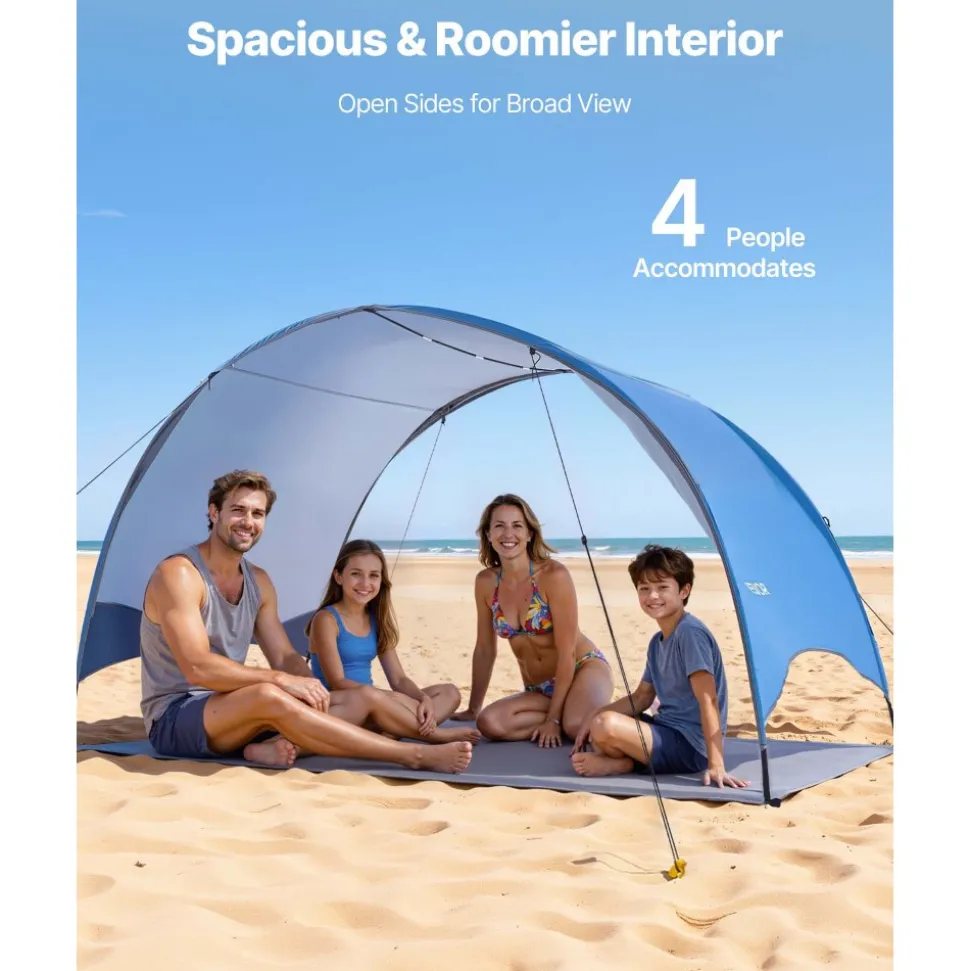 VEVOR Beach Tent Sun Shelter for 4 Person, UPF 50+ Protection, Portable Sun Shade Canopy with Carrying Bag & Ground Stakes, Lightweight and Easy Setup Beach Umbrella for Camping Fishing Outdoor Picnic