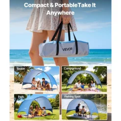 VEVOR Beach Tent Sun Shelter for 4 Person, UPF 50+ Protection, Portable Sun Shade Canopy with Carrying Bag & Ground Stakes, Lightweight and Easy Setup Beach Umbrella for Camping Fishing Outdoor Picnic