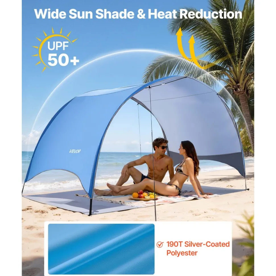 VEVOR Beach Tent Sun Shelter for 4 Person, UPF 50+ Protection, Portable Sun Shade Canopy with Carrying Bag & Ground Stakes, Lightweight and Easy Setup Beach Umbrella for Camping Fishing Outdoor Picnic
