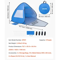 VEVOR Beach Tent Sun Shelter for 2 Person, UPF 50+ Protection, Portable Sun Shade Canopy with Carrying Bag & Sand Pockets, Lightweight and Easy Setup Beach Umbrella for Camping Fishing Outdoor Picnic