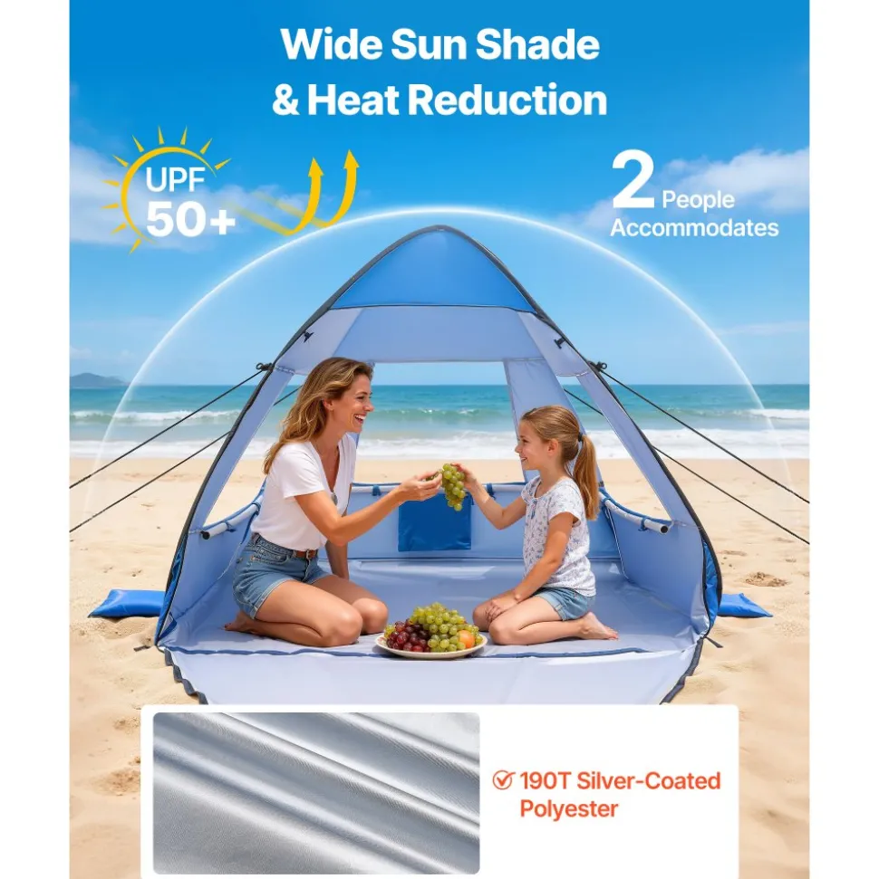 VEVOR Beach Tent Sun Shelter for 2 Person, UPF 50+ Protection, Portable Sun Shade Canopy with Carrying Bag & Sand Pockets, Lightweight and Easy Setup Beach Umbrella for Camping Fishing Outdoor Picnic
