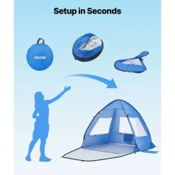 VEVOR Beach Tent Sun Shelter for 2 Person, UPF 50+ Protection, Portable Sun Shade Canopy with Carrying Bag & Sand Pockets, Lightweight and Easy Setup Beach Umbrella for Camping Fishing Outdoor Picnic