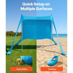 VEVOR Beach Tent Sun Shelter, UPF50+ Sun Protection, 6.6 ft Tall, 10x10 ft, Easy Pop Up Beach Canopy with 4 Sandbags, Stability Poles, Sand Shovels, Portable Shade for Family Outings, Camping, Fishing