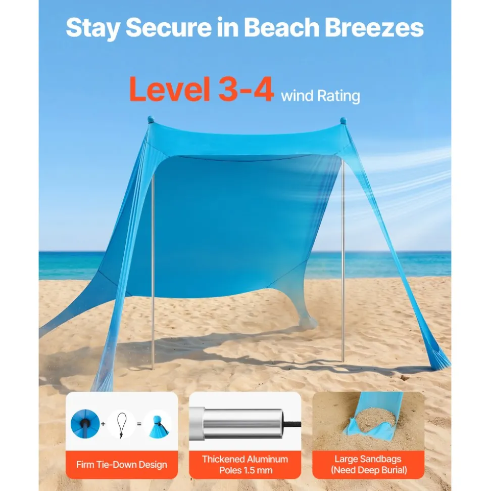 VEVOR Beach Tent Sun Shelter, UPF50+ Sun Protection, 6.6 ft Tall, 7.5x7.5 ft, Easy Pop Up Beach Canopy with Sandbags, Stability Poles, Sand Shovels, Portable Shade for Family Outings, Camping, Fishing