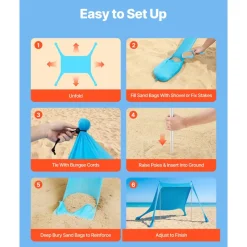 VEVOR Beach Tent Sun Shelter, UPF50+ Sun Protection, 6.6 ft Tall, 7.5x7.5 ft, Easy Pop Up Beach Canopy with Sandbags, Stability Poles, Sand Shovels, Portable Shade for Family Outings, Camping, Fishing
