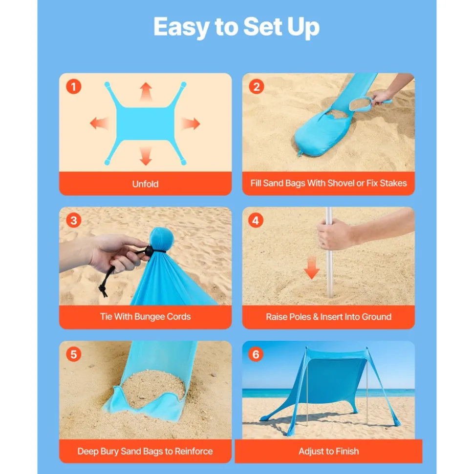 VEVOR Beach Tent Sun Shelter, UPF50+ Sun Protection, 6.6 ft Tall, 7.5x7.5 ft, Easy Pop Up Beach Canopy with Sandbags, Stability Poles, Sand Shovels, Portable Shade for Family Outings, Camping, Fishing