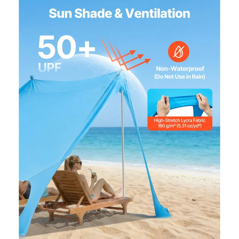 VEVOR Beach Tent Sun Shelter, UPF50+ Sun Protection, 6.6 ft Tall, 7.5x7.5 ft, Easy Pop Up Beach Canopy with Sandbags, Stability Poles, Sand Shovels, Portable Shade for Family Outings, Camping, Fishing