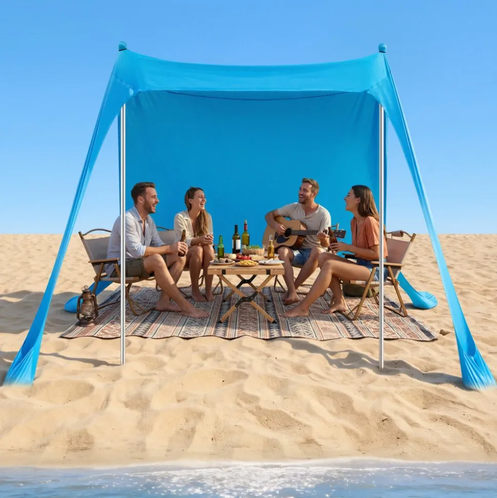 VEVOR Beach Tent Sun Shelter, UPF50+ Sun Protection, 6.6 ft Tall, 7.5x7.5 ft, Easy Pop Up Beach Canopy with Sandbags, Stability Poles, Sand Shovels, Portable Shade for Family Outings, Camping, Fishing