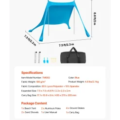 VEVOR Beach Tent Sun Shelter, UPF50+ Sun Protection, 6.6 ft Tall, 7.5x7.5 ft, Easy Pop Up Beach Canopy with Sandbags, Stability Poles, Sand Shovels, Portable Shade for Family Outings, Camping, Fishing